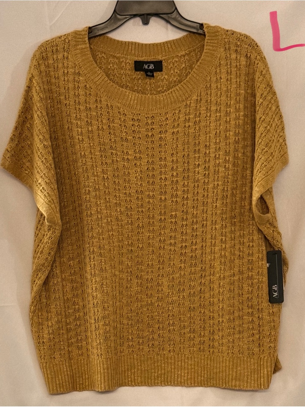AGB Mustard Openwork Crewneck Short-Sleeve Sweater